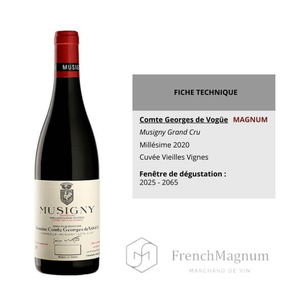 Illustration des données pertinentes du Magnum Musigny Grand Cru 2020 que nous proposons à la vente sur notre site French-Magnum